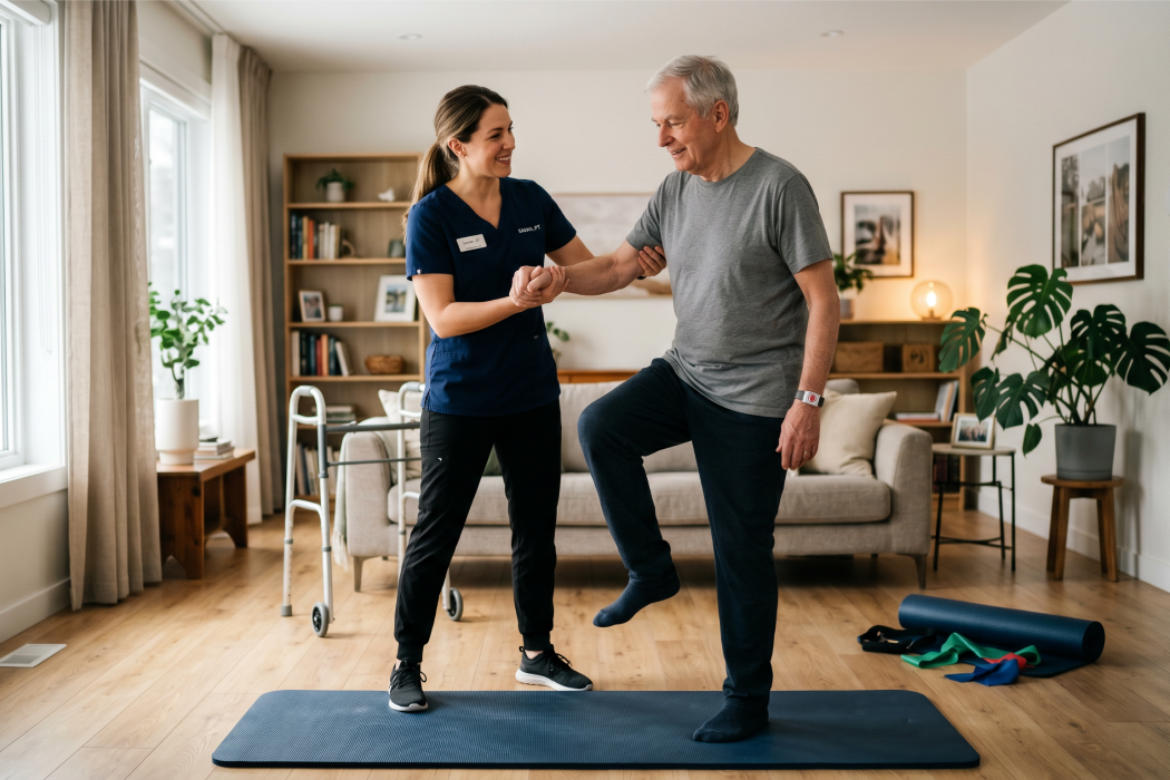Fisioterapeuta auxiliando paciente com Parkinson durante exercício em casa