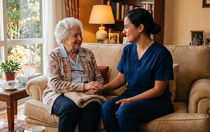 Cuidadora de home care atendendo paciente idosa no sofá de casa
