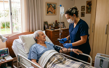 Técnica de enfermagem monitorando paciente em internação domiciliar