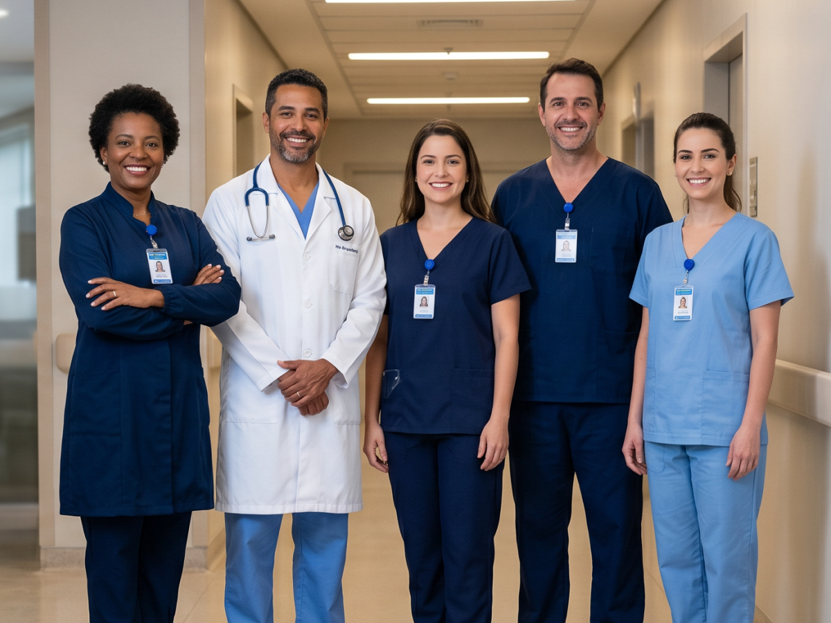 Equipe médica e de enfermagem da Simple Care em corredor hospitalar