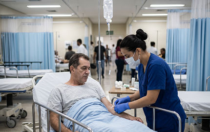 Profissional aplicando terapia endovenosa em paciente internado